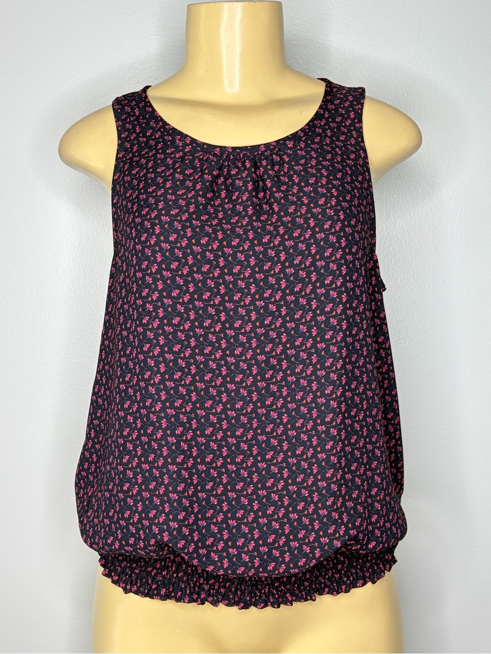 Allison Joy Black Sleeveless Blouson Top with Pink Floral Print Size XS